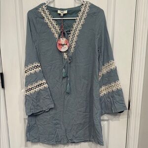 Hayden Blue Gray Embellished Tie Front Tunic